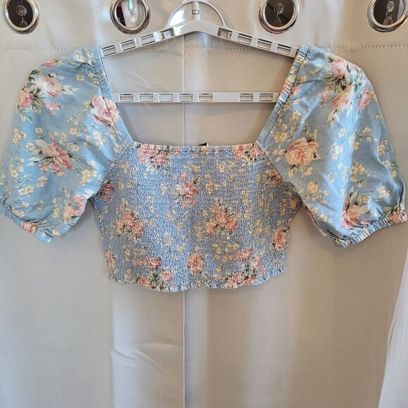 American Eagle Women Crop Top Medium Floral Smock Puff Sleeve‎ Y2K Boho 17466 - Picture 2 of 8
